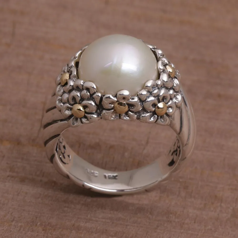 Handmade Cultured Pearl Cocktail Ring with Floral Motifs - Daisy Glow | NOVICA