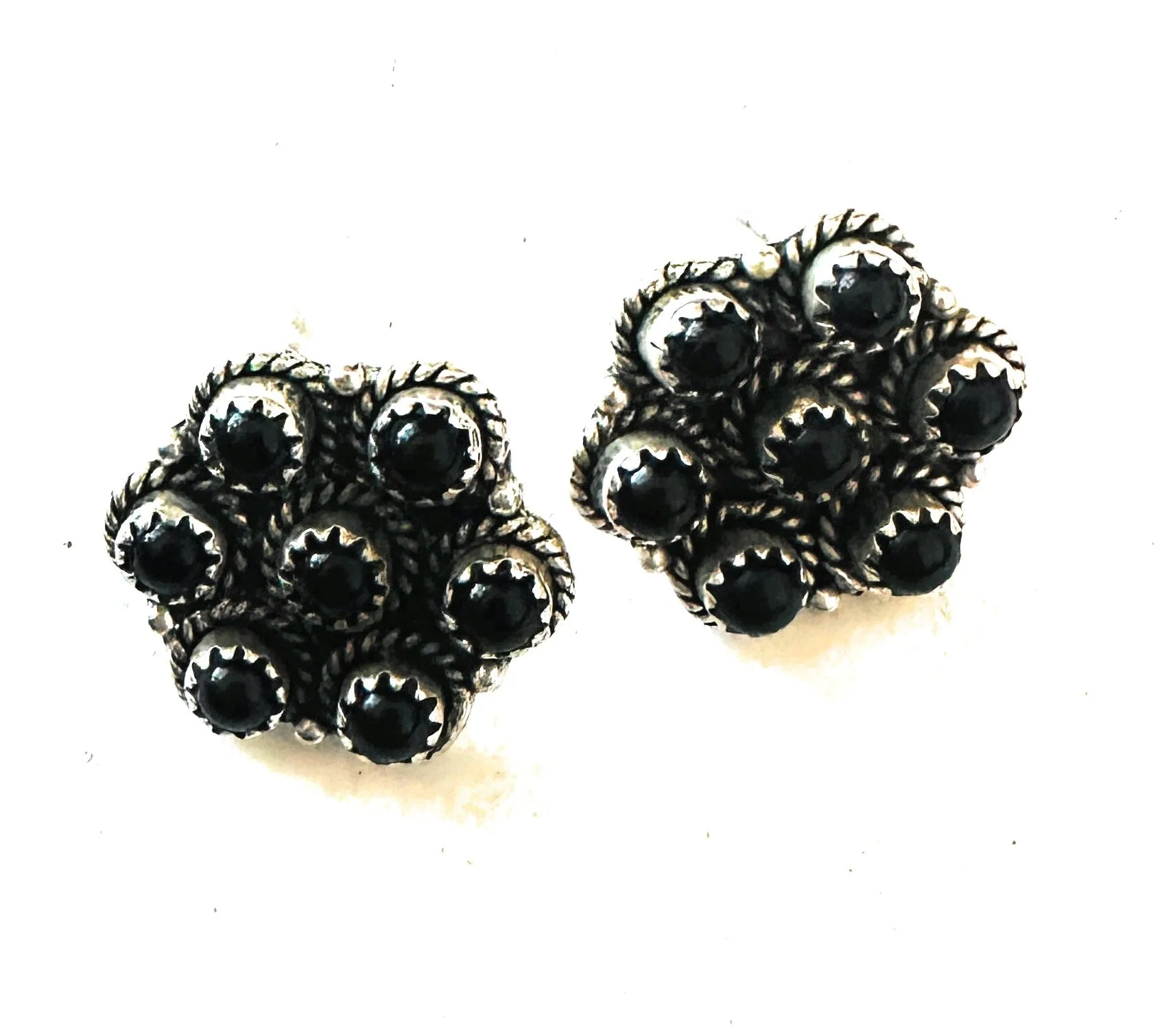 Handmade Onyx & Sterling Silver Cluster Stud Earrings Signed Nizhoni