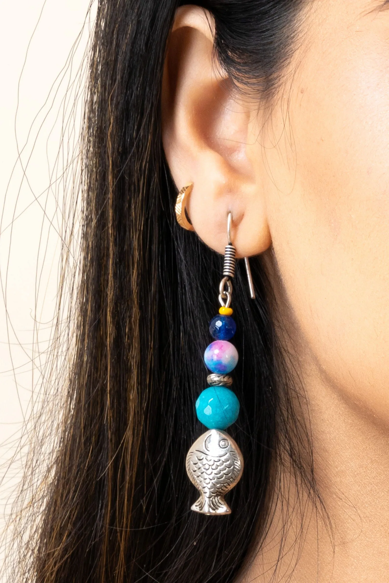 Handmade Semi Precious Blue Onyx Agate Fish Design Earrings - for Fashion-Forward Style