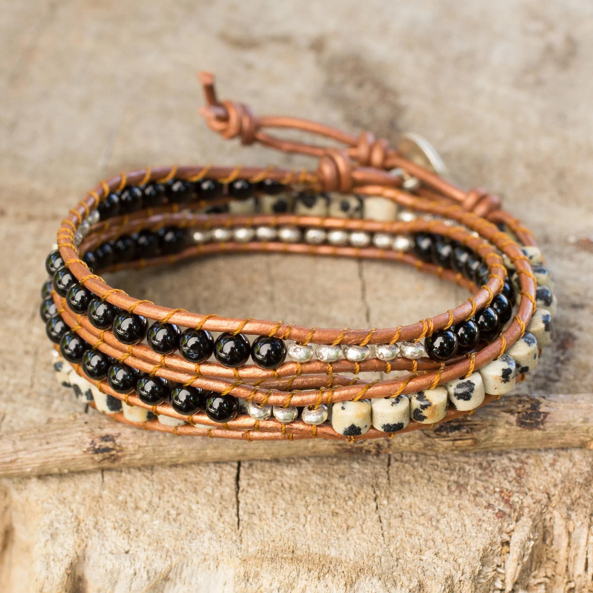 Hill Tribe Peace Onyx and Jasper Wrap Bracelet with Hill Tribe Silver