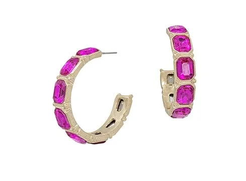 Hot Pink Rectangle Shaped Crystal Hoop Earring