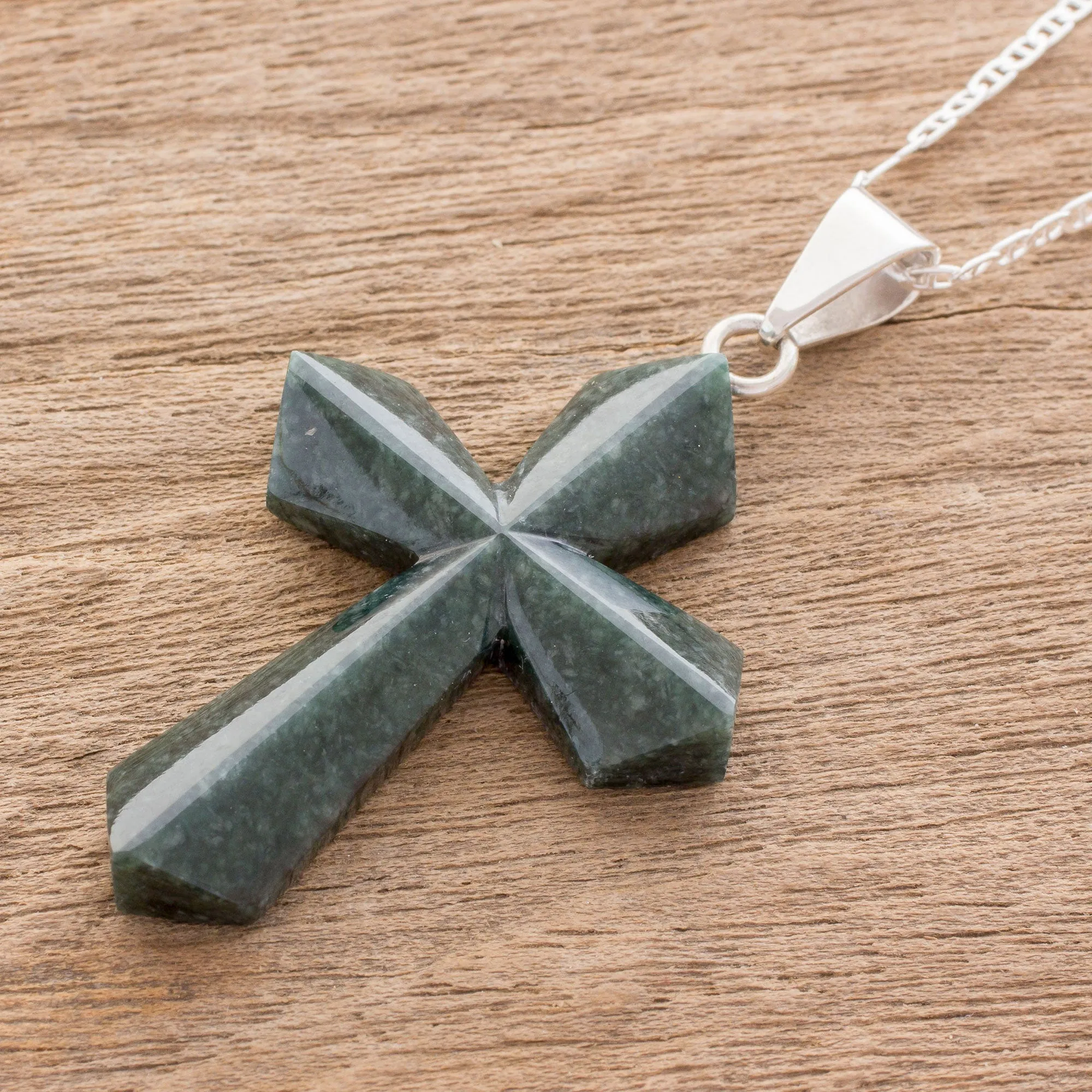 Jade Cross Necklace in Dark Green from Guatemala - Dark Green Sacrifice of Love | NOVICA