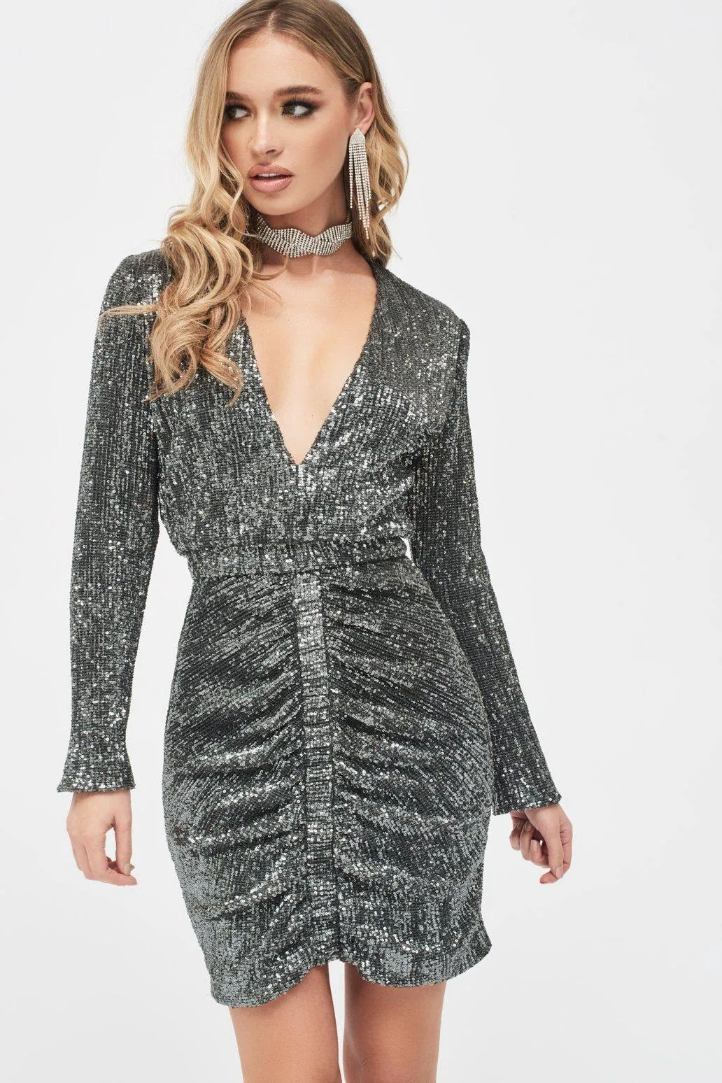 JADE Ruched Sequin Mini Dress in Grey Sequin