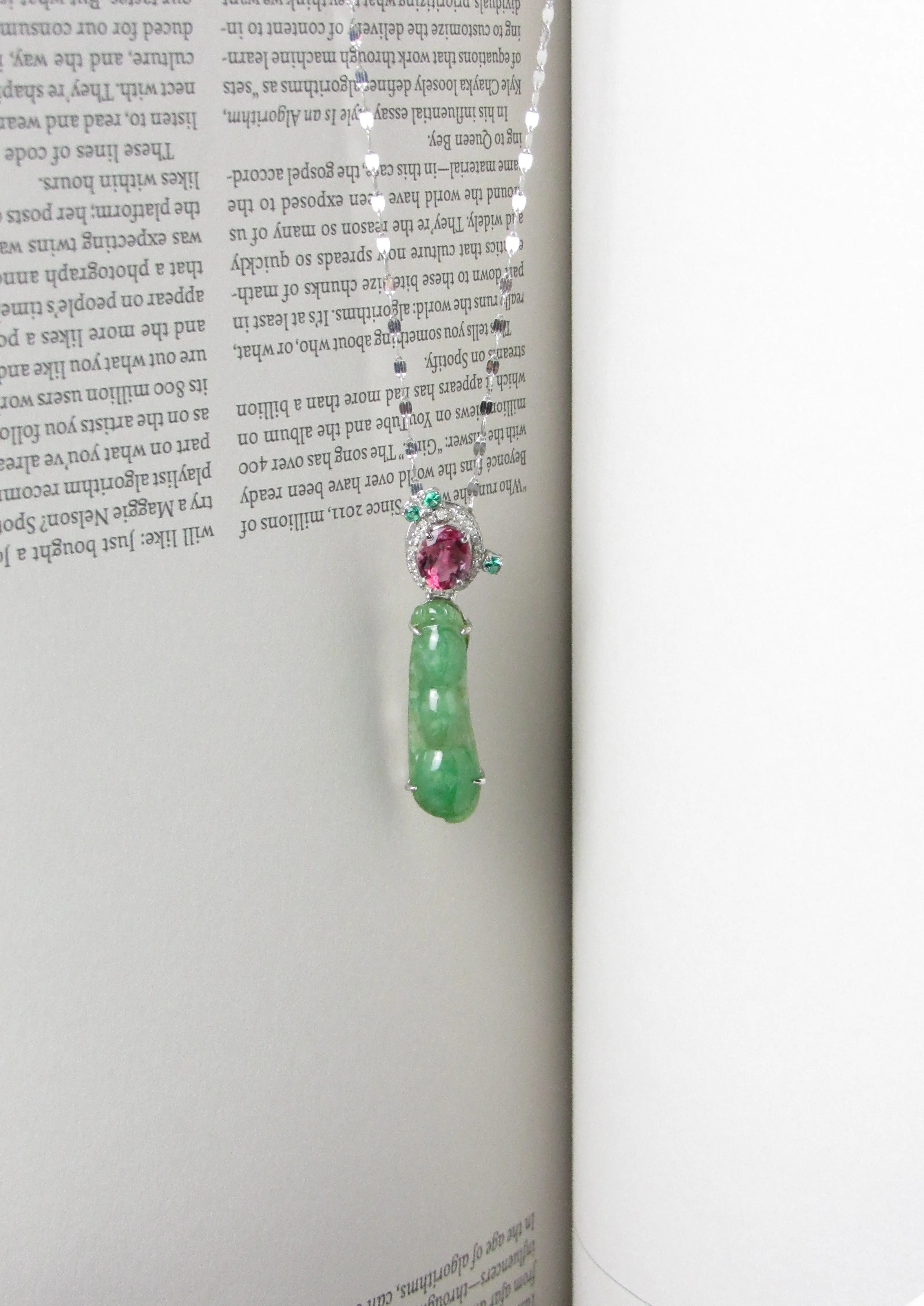 Jadeite Jade Pea with Rubellite Tourmaline and Tsavorite Pendant Necklace