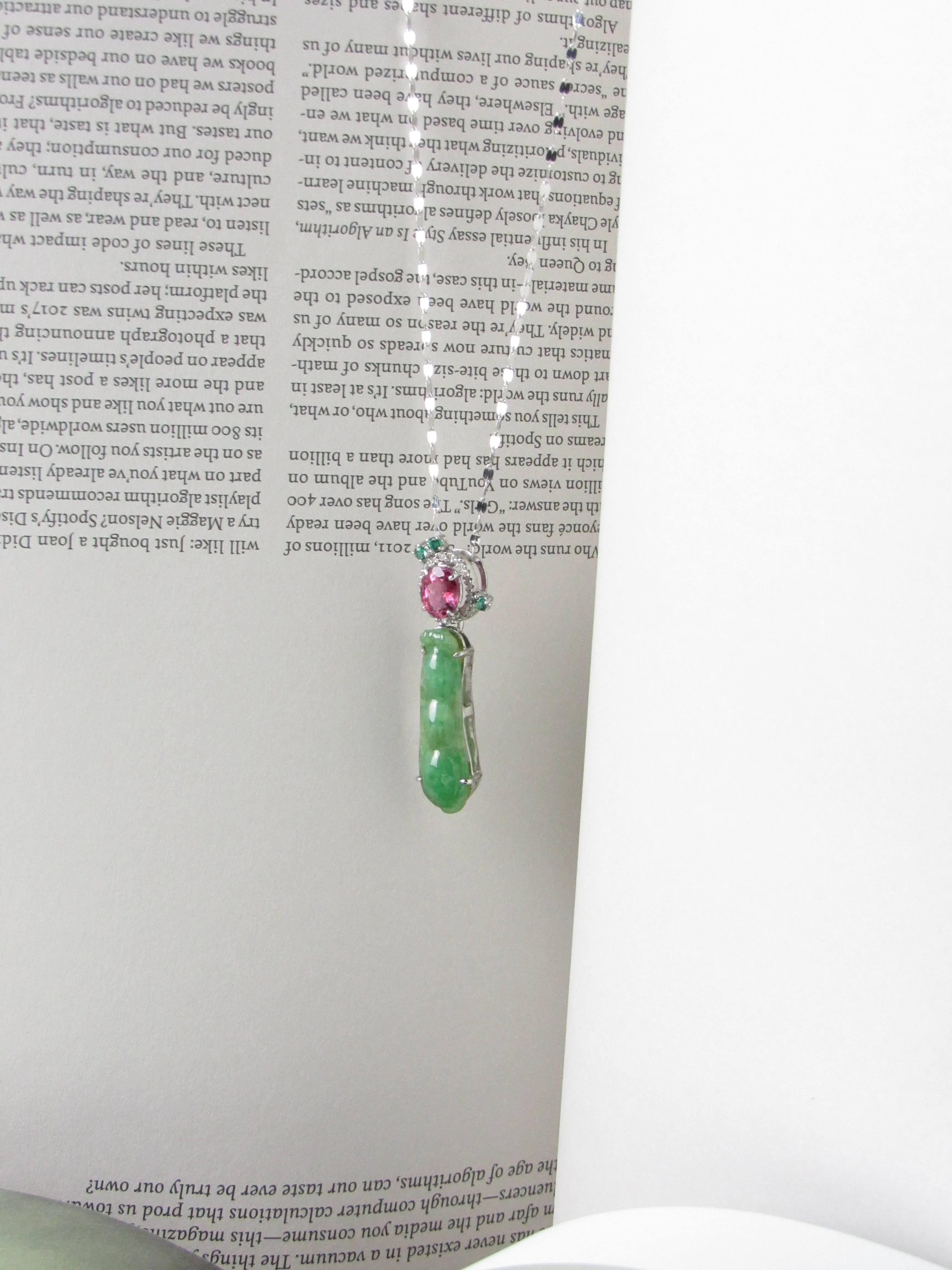 Jadeite Jade Pea with Rubellite Tourmaline and Tsavorite Pendant Necklace