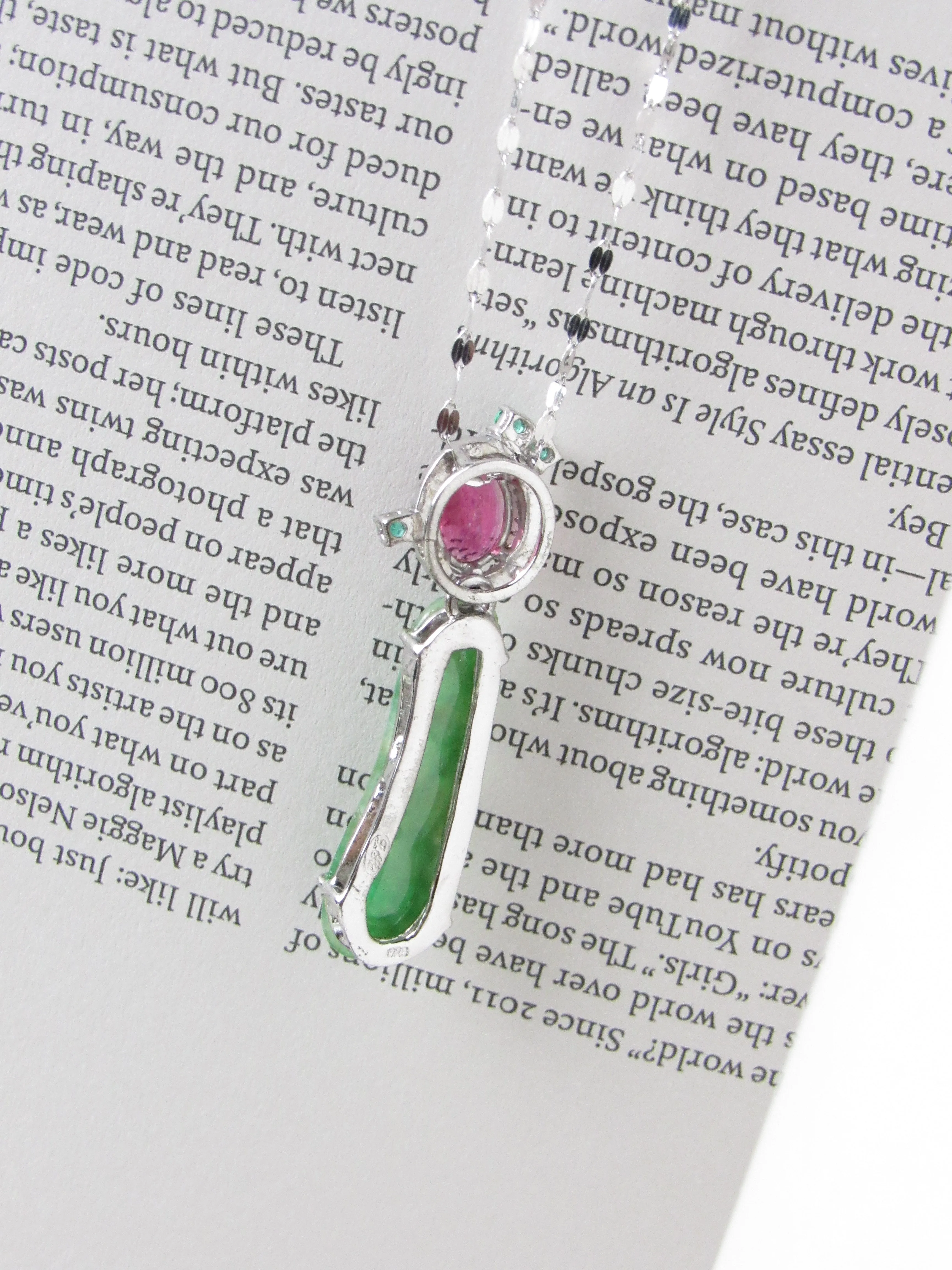 Jadeite Jade Pea with Rubellite Tourmaline and Tsavorite Pendant Necklace