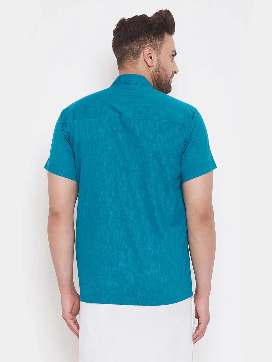 Jashvi Men's Turquoise Cotton Blend Ethnic Shirt