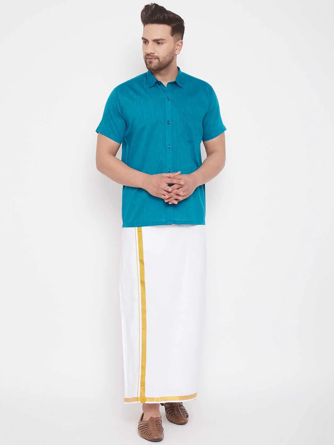 Jashvi Men's Turquoise Cotton Blend Ethnic Shirt