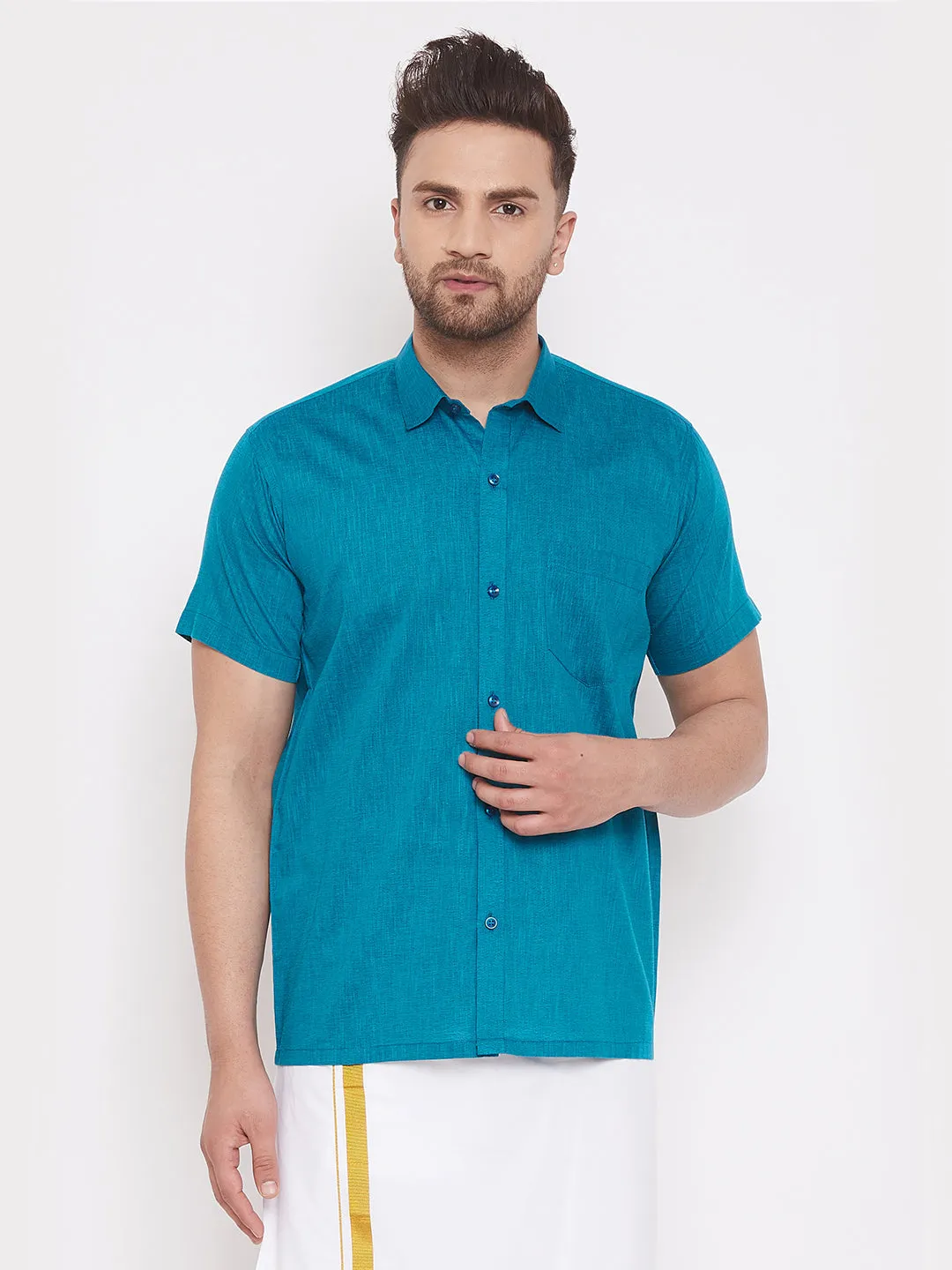 Jashvi Men's Turquoise Cotton Blend Ethnic Shirt