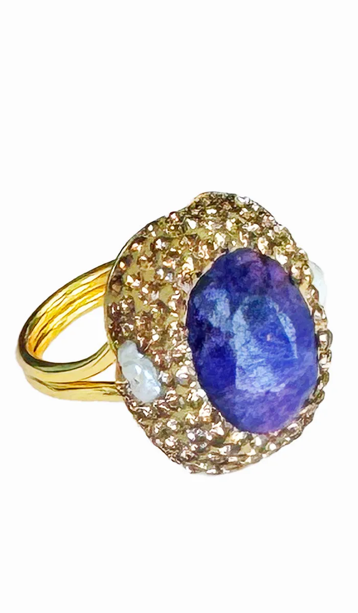 Jeweled Raw Amethyst and Champagne Crystal and Pearl Oval Cocktail Ring