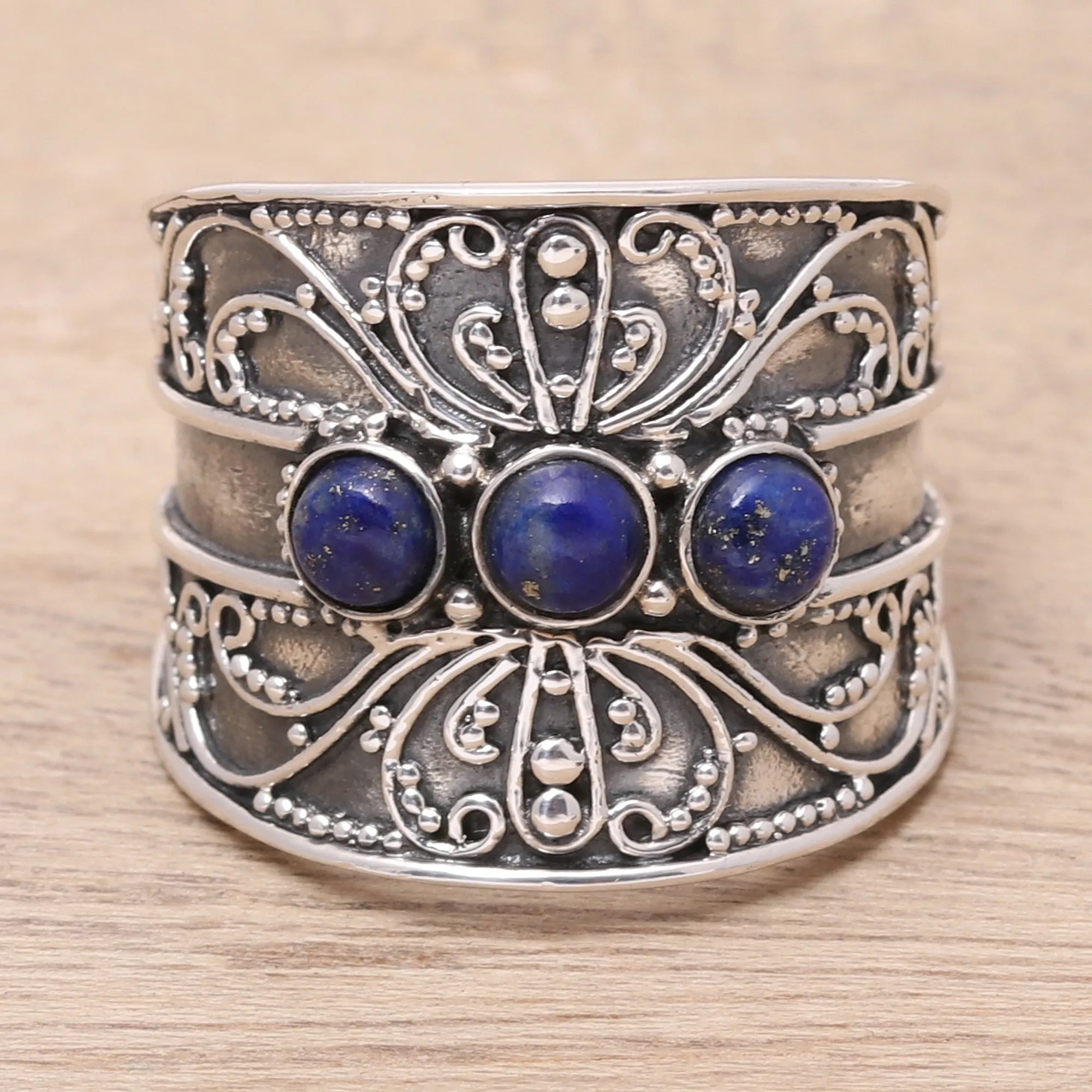 Lapis Lazuli Triple Stone Cocktail Ring from India - Antique Elegance | NOVICA