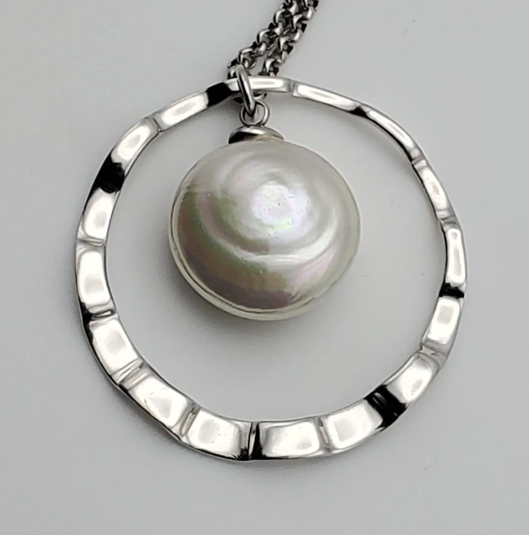 Large Faux Button Pearl Modern Sterling Silver Pendant on Sterling Silver Chain Necklace