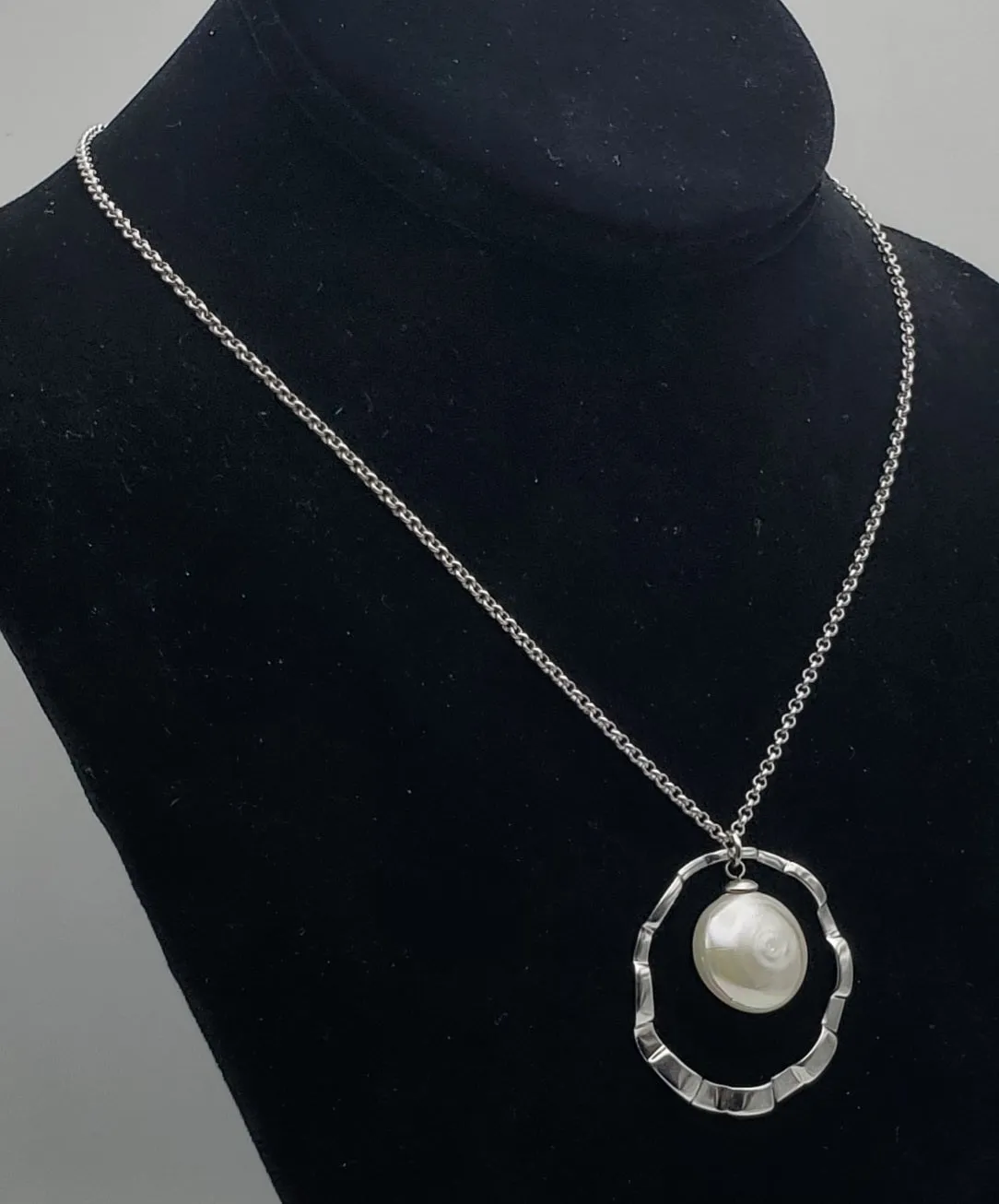 Large Faux Button Pearl Modern Sterling Silver Pendant on Sterling Silver Chain Necklace