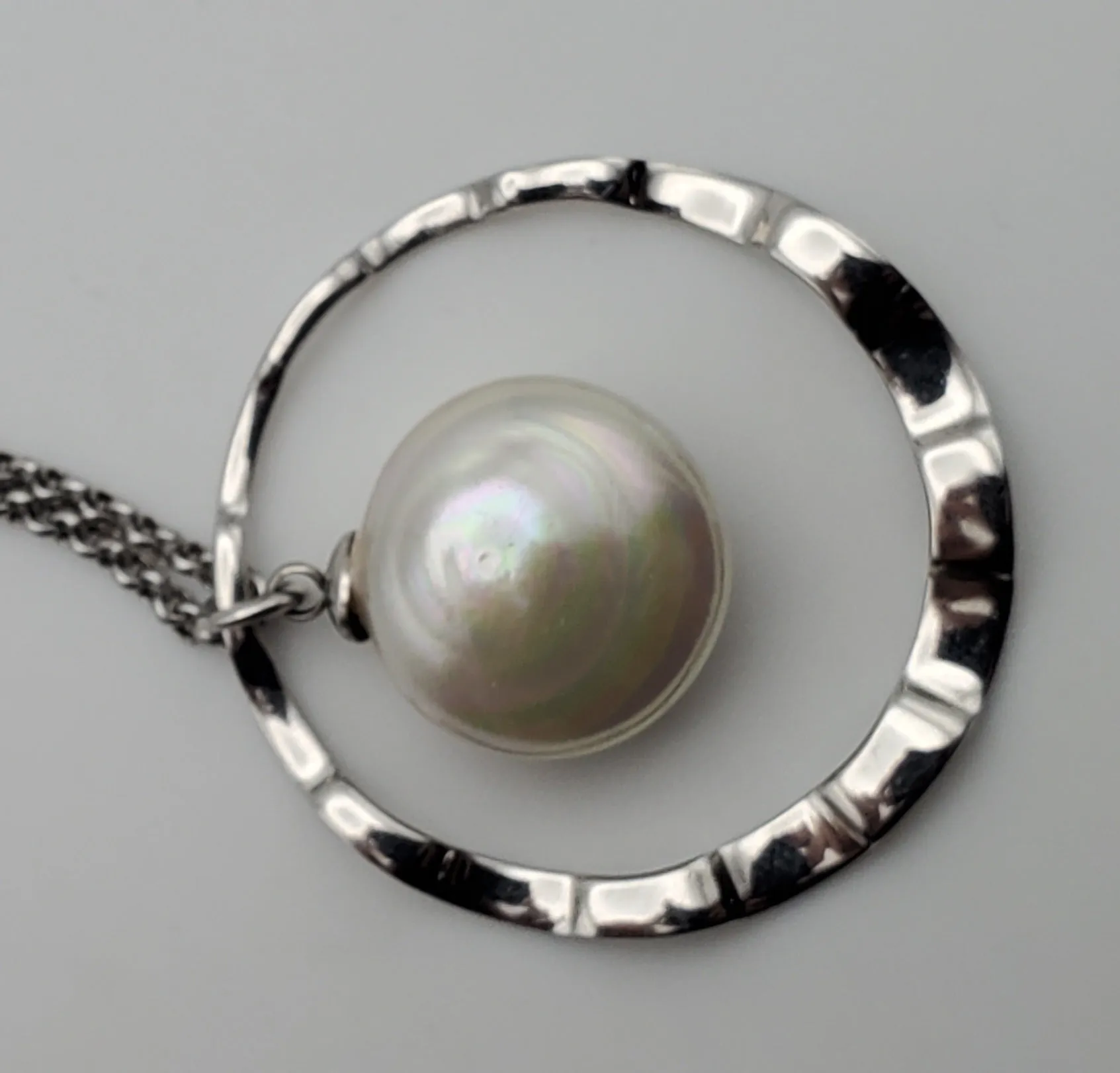 Large Faux Button Pearl Modern Sterling Silver Pendant on Sterling Silver Chain Necklace