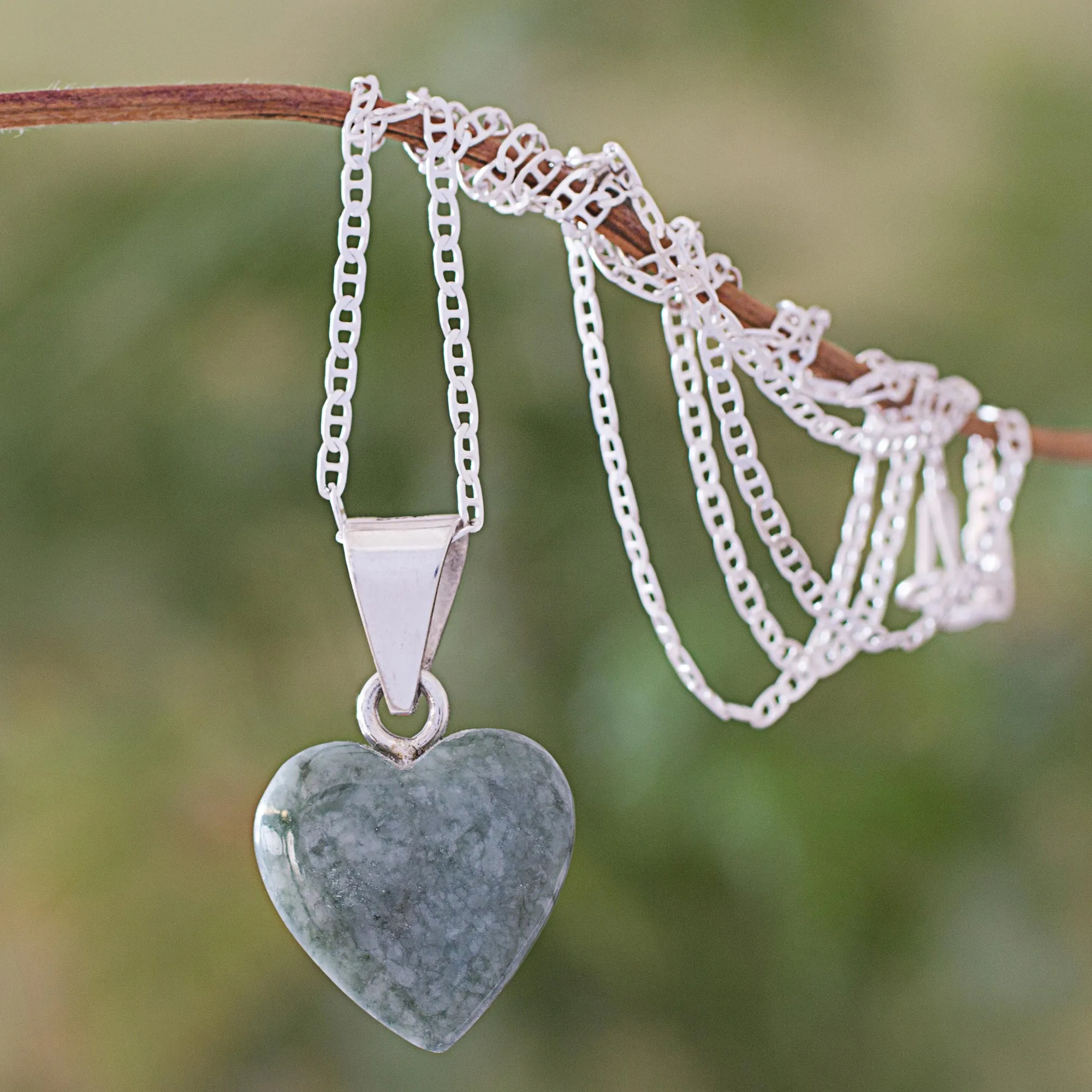 Light Green Jade Silver Heart Pendant Necklace Guatemala - Mayan Heart in Light Green | NOVICA