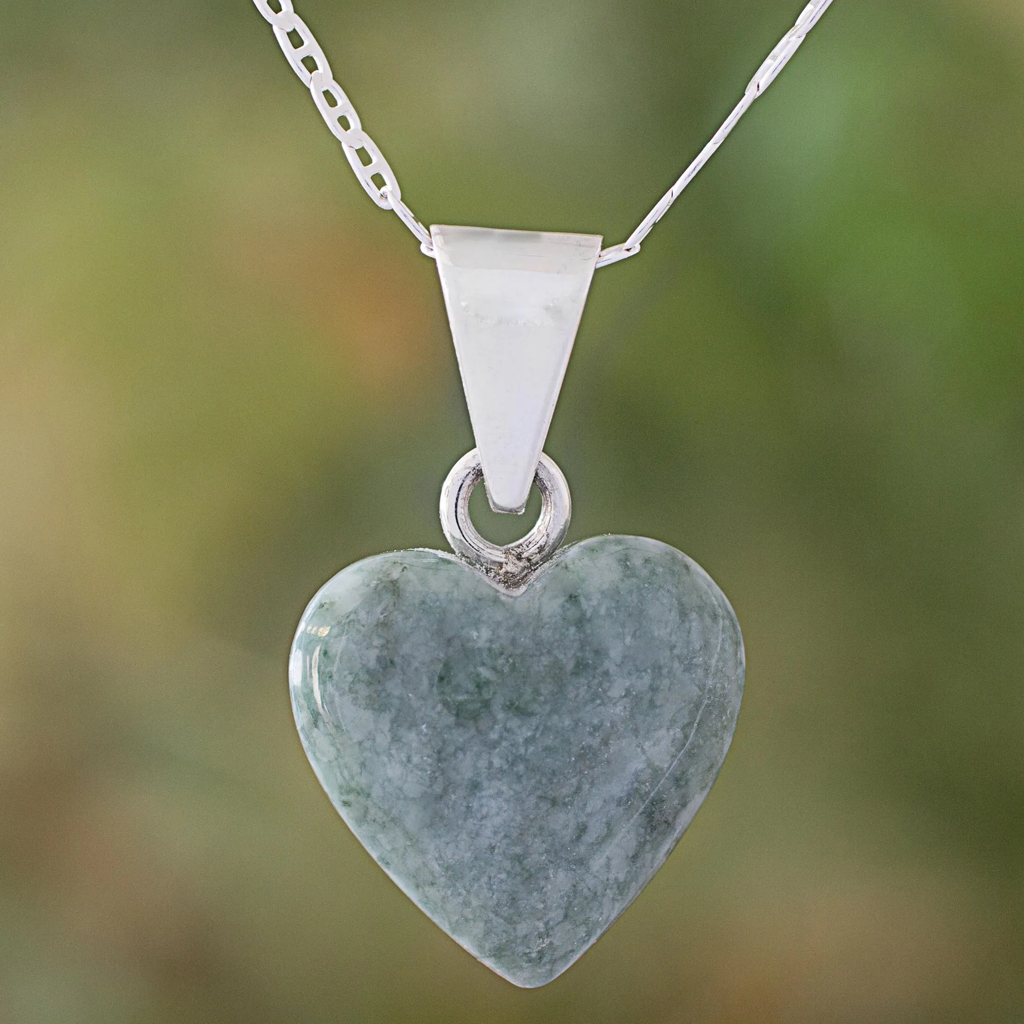 Light Green Jade Silver Heart Pendant Necklace Guatemala - Mayan Heart in Light Green | NOVICA