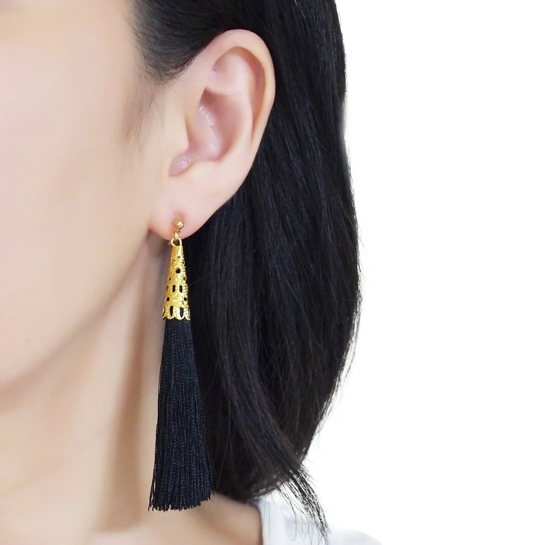 Long Black Tassel Invisible Clip On Earrings