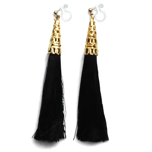 Long Black Tassel Invisible Clip On Earrings