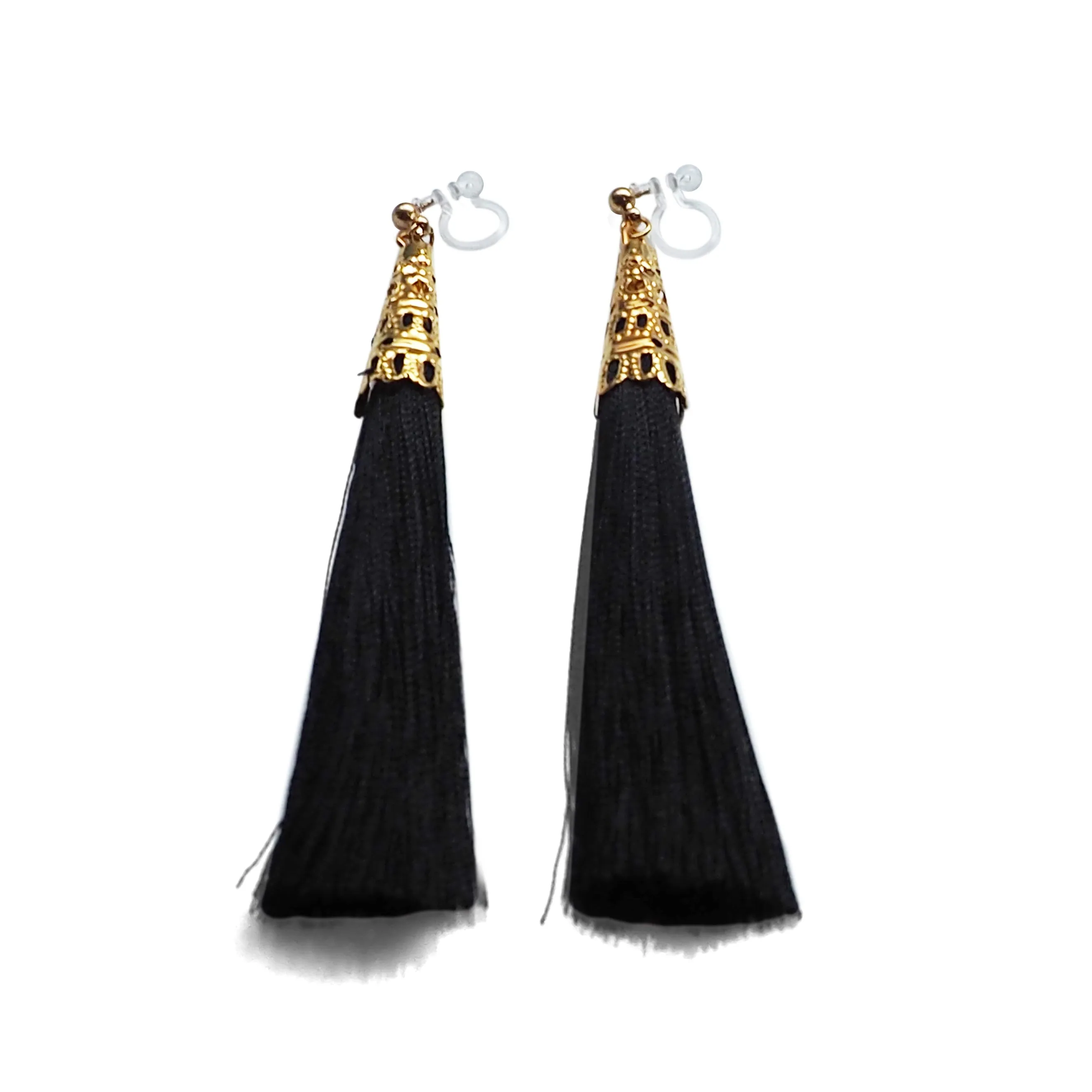 Long Black Tassel Invisible Clip On Earrings