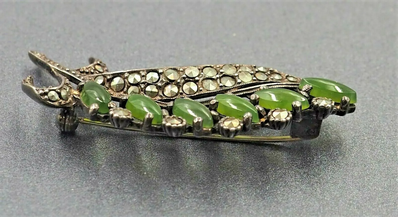 Marcasite & Jade Sterling Silver Brooch