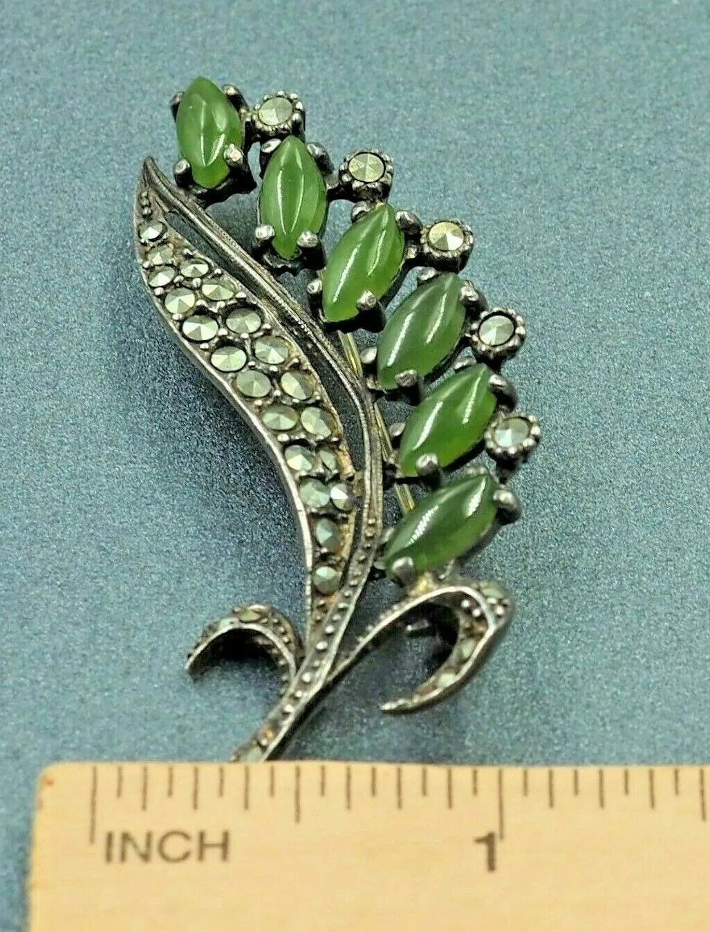 Marcasite & Jade Sterling Silver Brooch