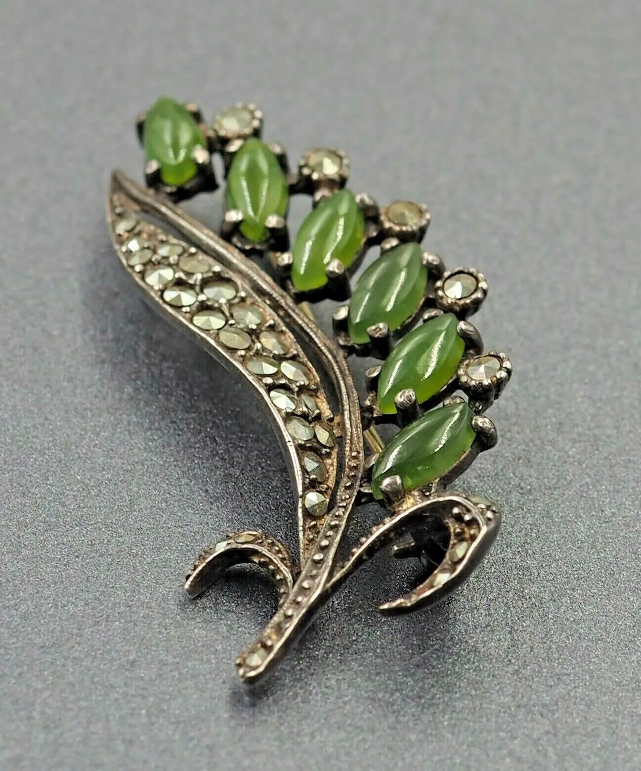 Marcasite & Jade Sterling Silver Brooch