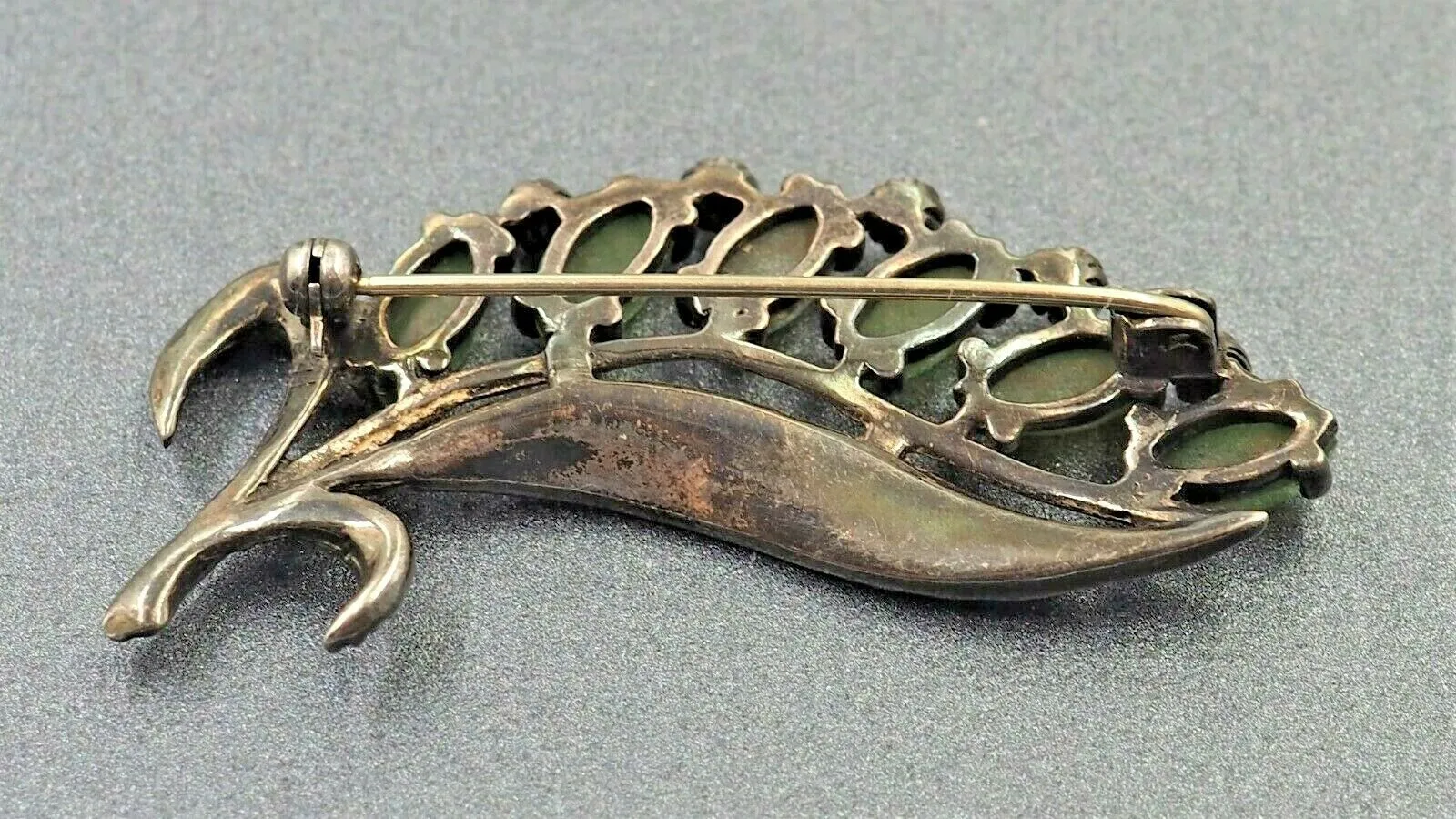 Marcasite & Jade Sterling Silver Brooch