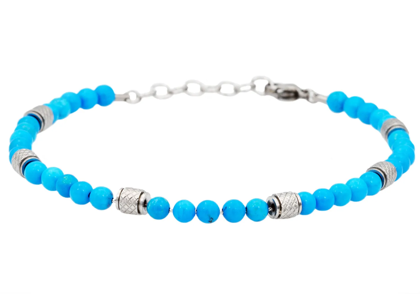 Mens Genuine Turquoise Stainless Steel Beaded Bracelet