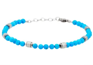 Mens Genuine Turquoise Stainless Steel Beaded Bracelet