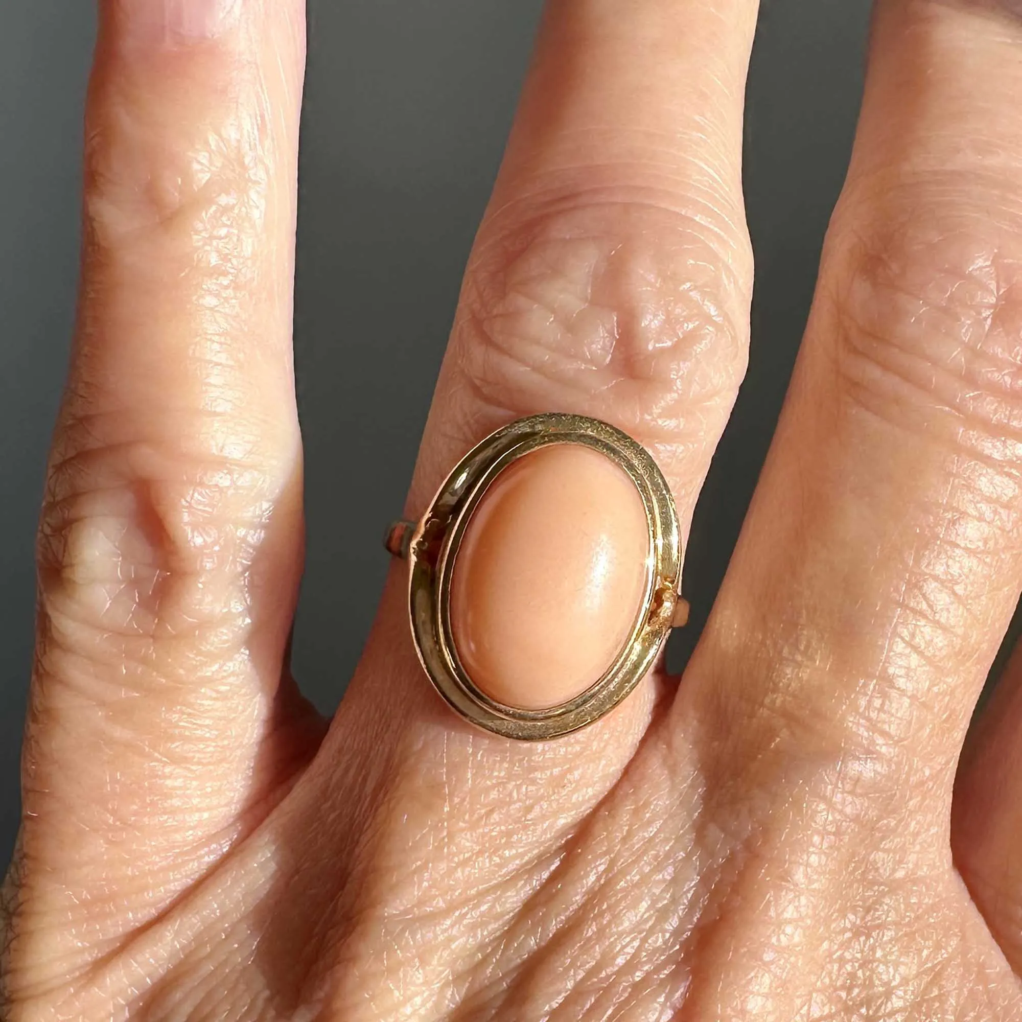 Mid Century Cabochon Salmon Coral Ring in 14K Gold