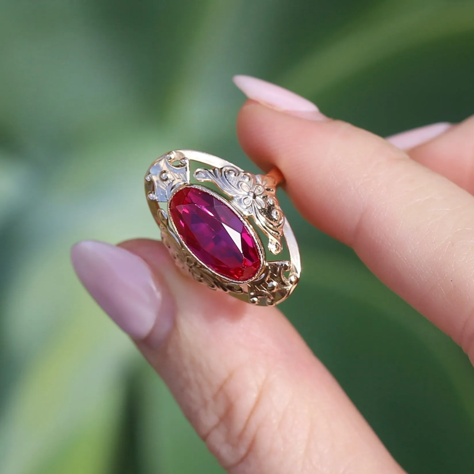 Mid Century Russian Oval Synthetic Ruby in Rosey Gold Floral Setting, 14ct Old Rosey Gold, size N1/2 or 7