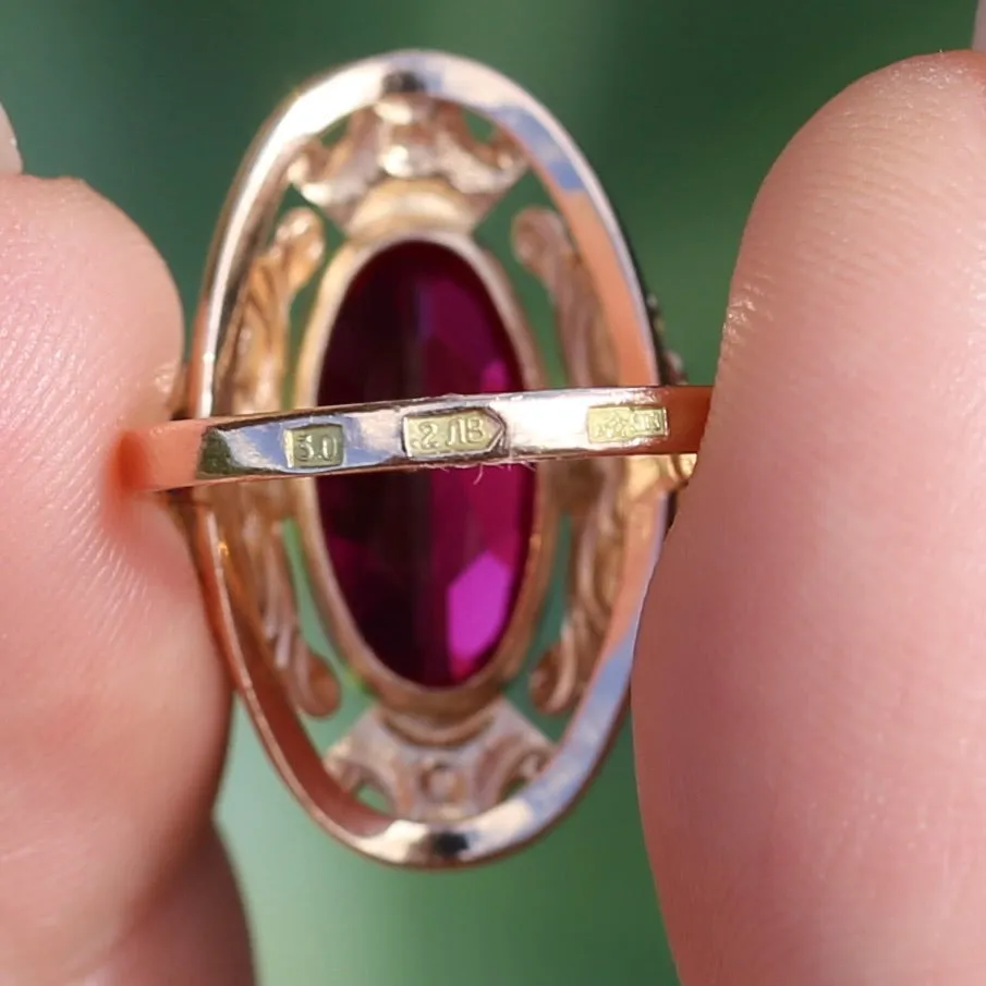 Mid Century Russian Oval Synthetic Ruby in Rosey Gold Floral Setting, 14ct Old Rosey Gold, size N1/2 or 7