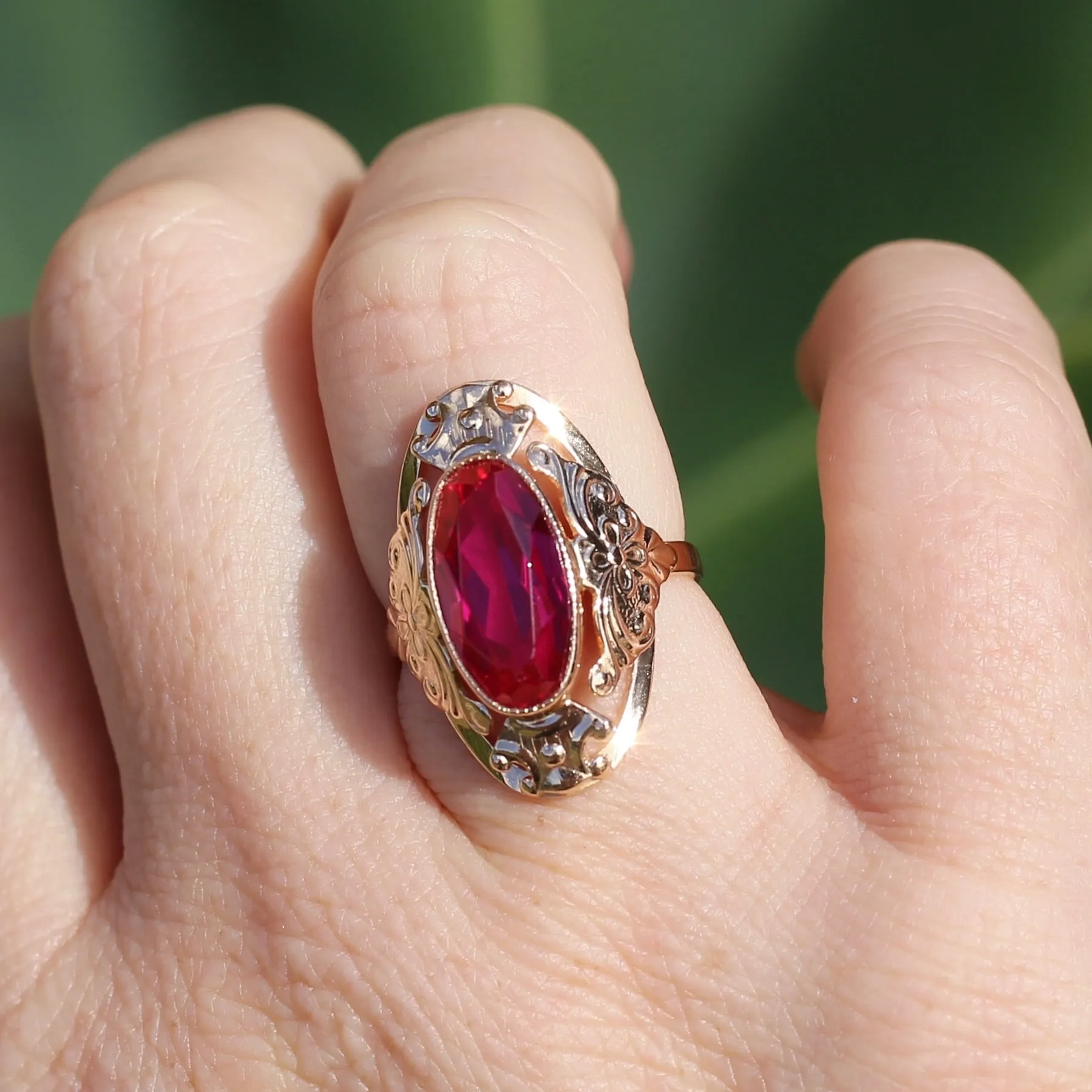 Mid Century Russian Oval Synthetic Ruby in Rosey Gold Floral Setting, 14ct Old Rosey Gold, size N1/2 or 7