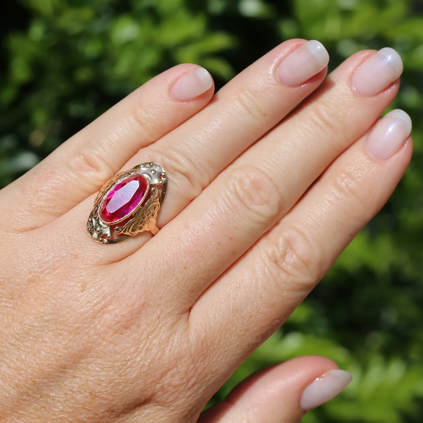 Mid Century Russian Oval Synthetic Ruby in Rosey Gold Floral Setting, 14ct Old Rosey Gold, size N1/2 or 7