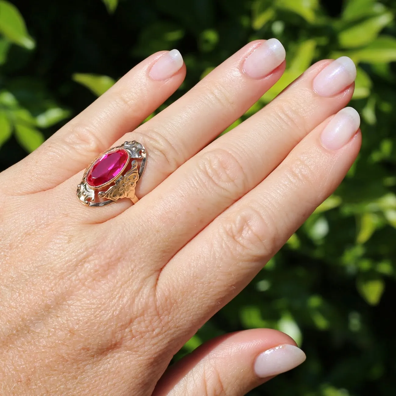 Mid Century Russian Oval Synthetic Ruby in Rosey Gold Floral Setting, 14ct Old Rosey Gold, size N1/2 or 7