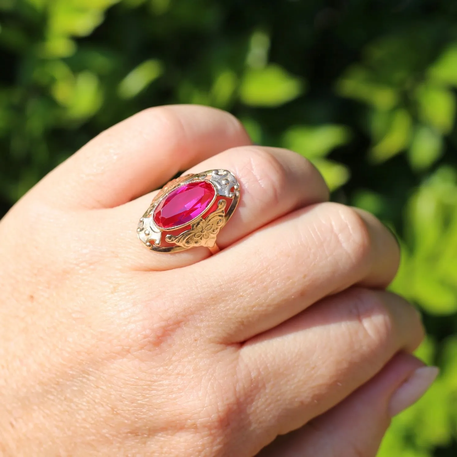 Mid Century Russian Oval Synthetic Ruby in Rosey Gold Floral Setting, 14ct Old Rosey Gold, size N1/2 or 7