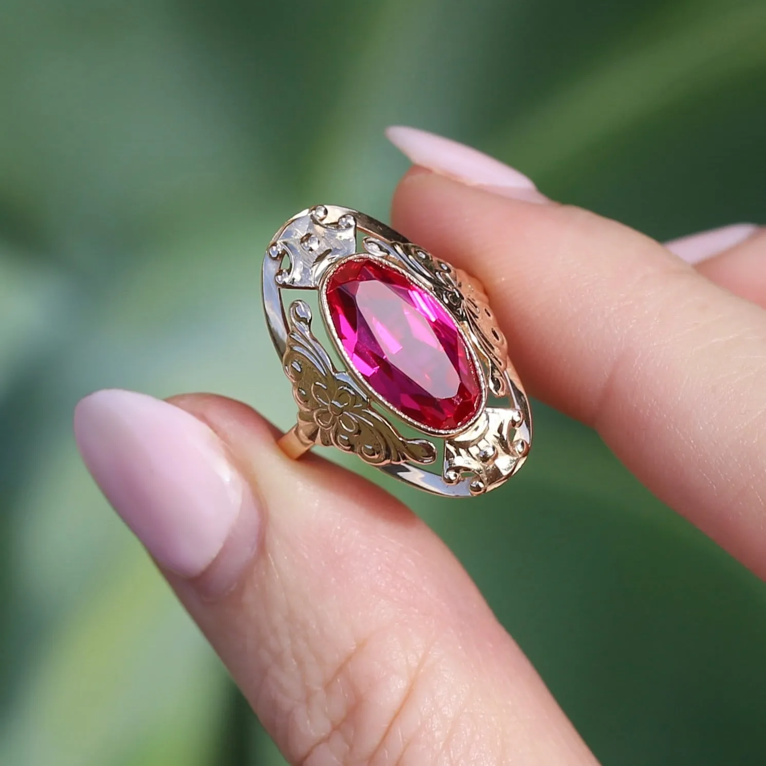 Mid Century Russian Oval Synthetic Ruby in Rosey Gold Floral Setting, 14ct Old Rosey Gold, size N1/2 or 7