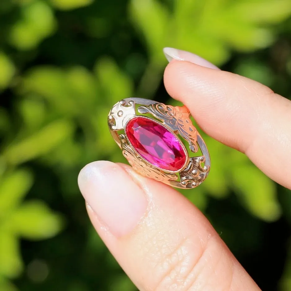 Mid Century Russian Oval Synthetic Ruby in Rosey Gold Floral Setting, 14ct Old Rosey Gold, size N1/2 or 7