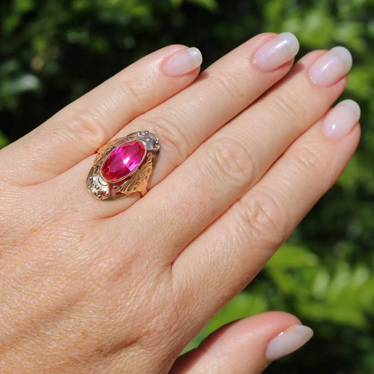 Mid Century Russian Oval Synthetic Ruby in Rosey Gold Floral Setting, 14ct Old Rosey Gold, size N1/2 or 7