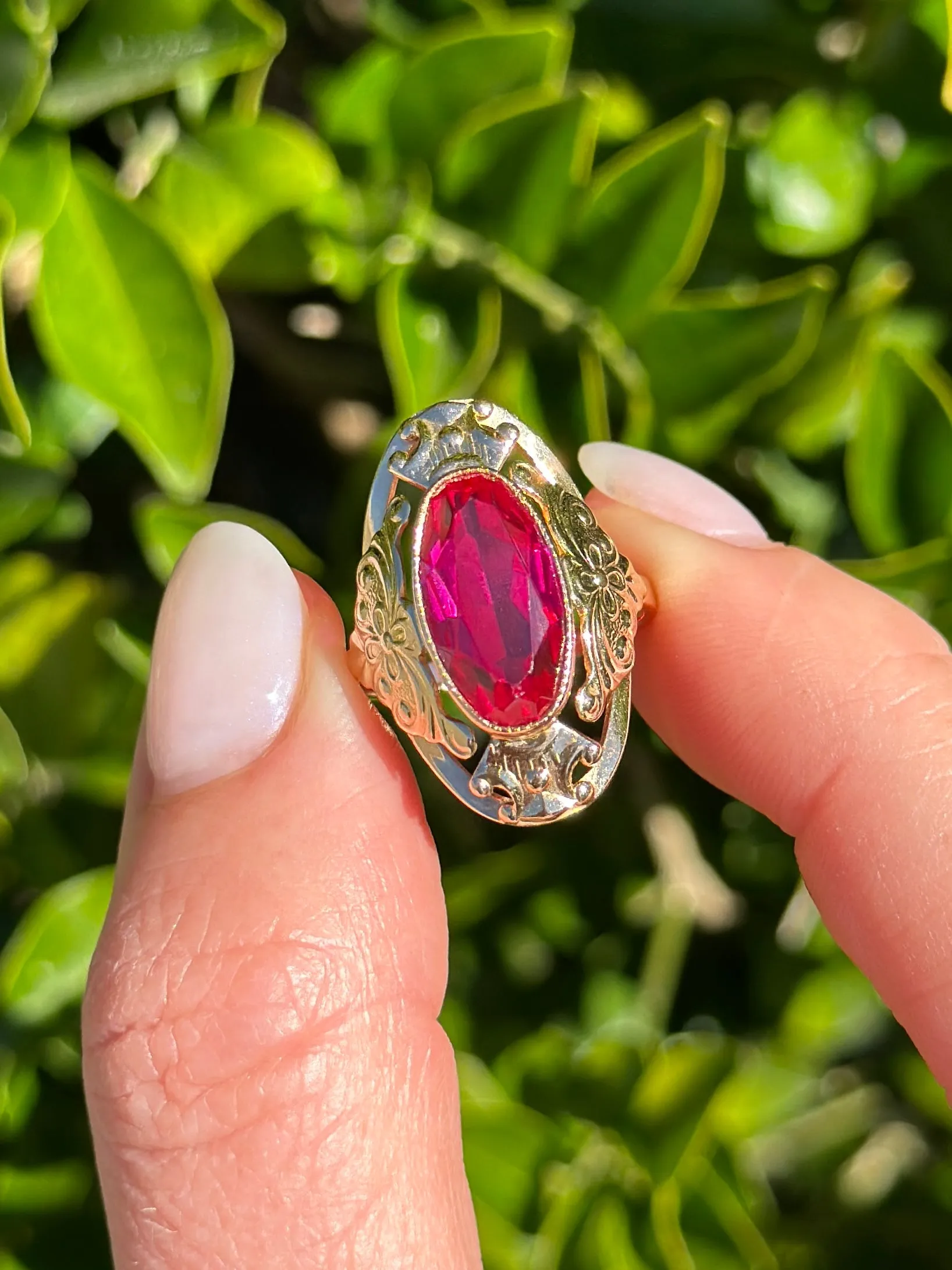 Mid Century Russian Oval Synthetic Ruby in Rosey Gold Floral Setting, 14ct Old Rosey Gold, size N1/2 or 7