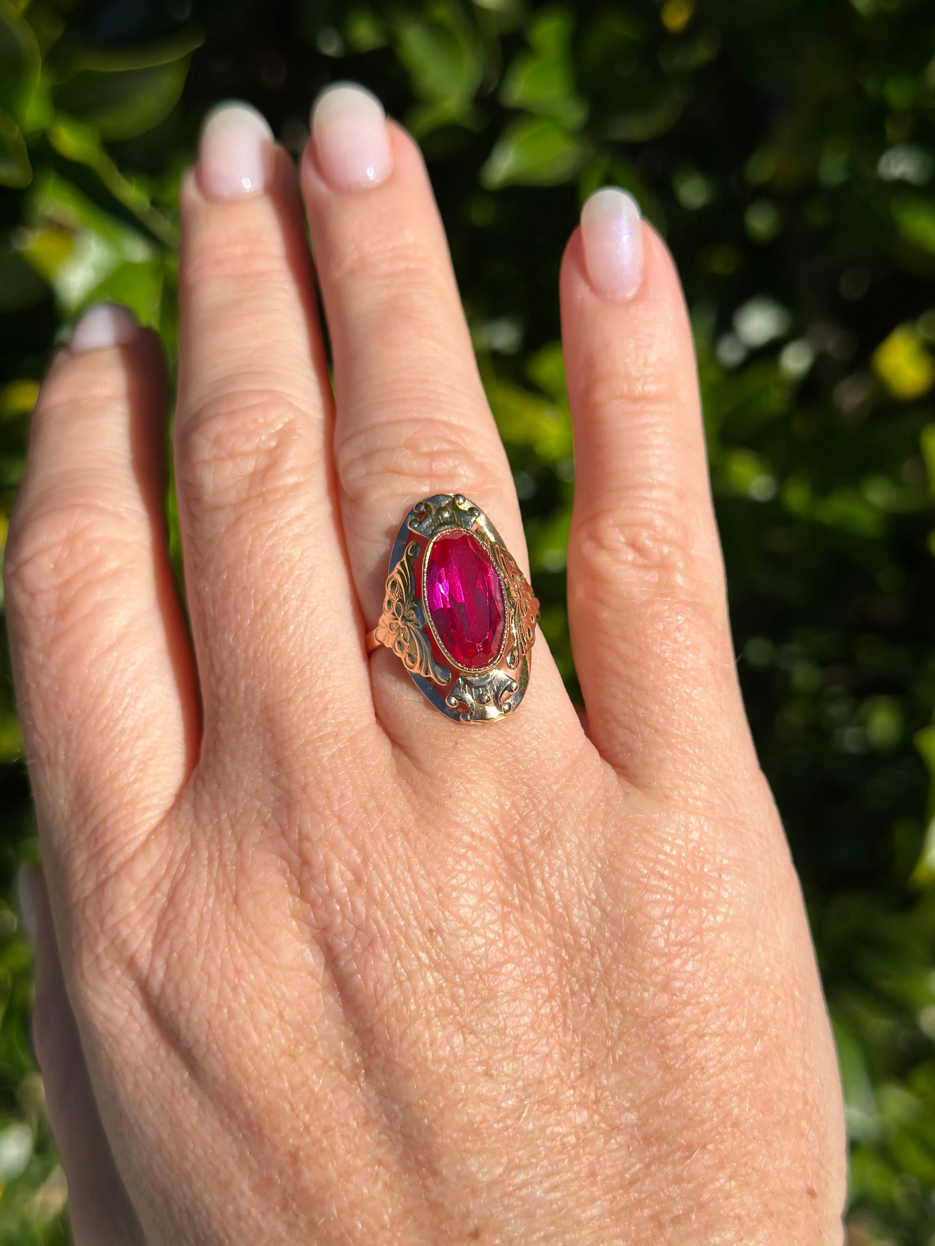 Mid Century Russian Oval Synthetic Ruby in Rosey Gold Floral Setting, 14ct Old Rosey Gold, size N1/2 or 7