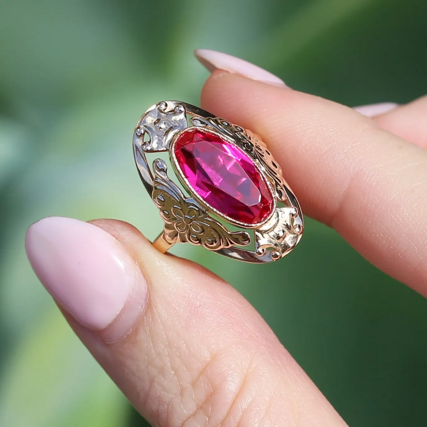 Mid Century Russian Oval Synthetic Ruby in Rosey Gold Floral Setting, 14ct Old Rosey Gold, size N1/2 or 7