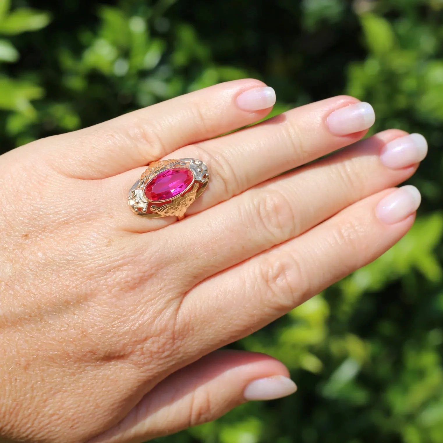 Mid Century Russian Oval Synthetic Ruby in Rosey Gold Floral Setting, 14ct Old Rosey Gold, size N1/2 or 7