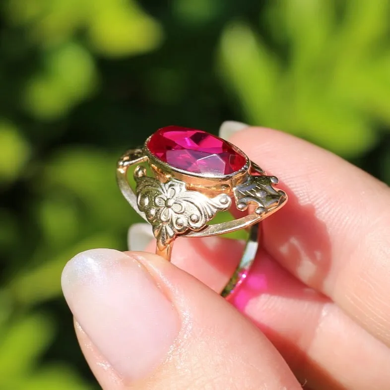 Mid Century Russian Oval Synthetic Ruby in Rosey Gold Floral Setting, 14ct Old Rosey Gold, size N1/2 or 7