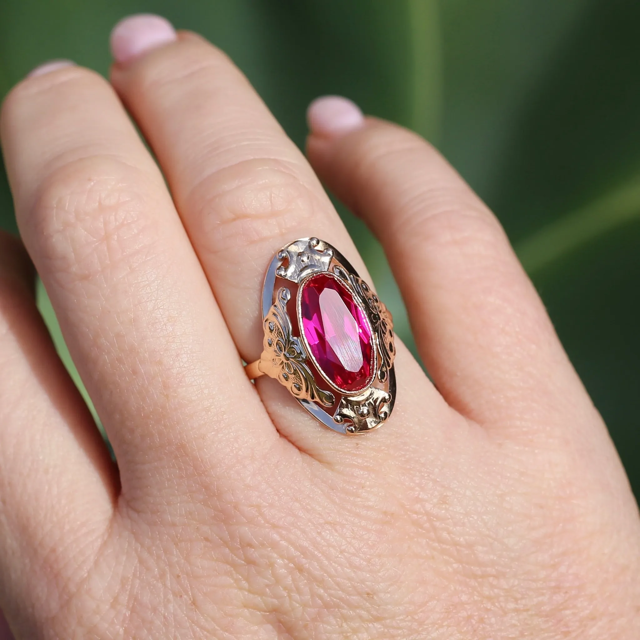 Mid Century Russian Oval Synthetic Ruby in Rosey Gold Floral Setting, 14ct Old Rosey Gold, size N1/2 or 7