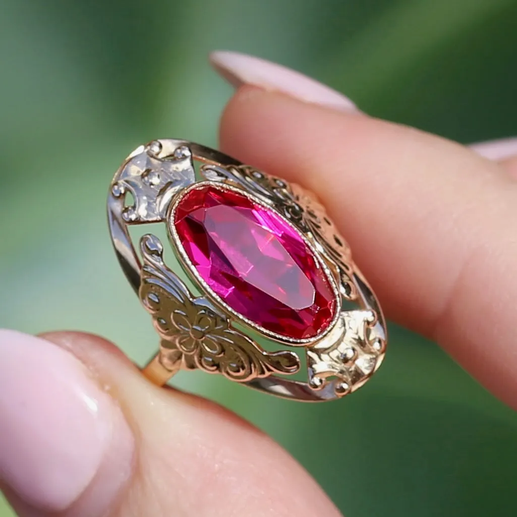 Mid Century Russian Oval Synthetic Ruby in Rosey Gold Floral Setting, 14ct Old Rosey Gold, size N1/2 or 7