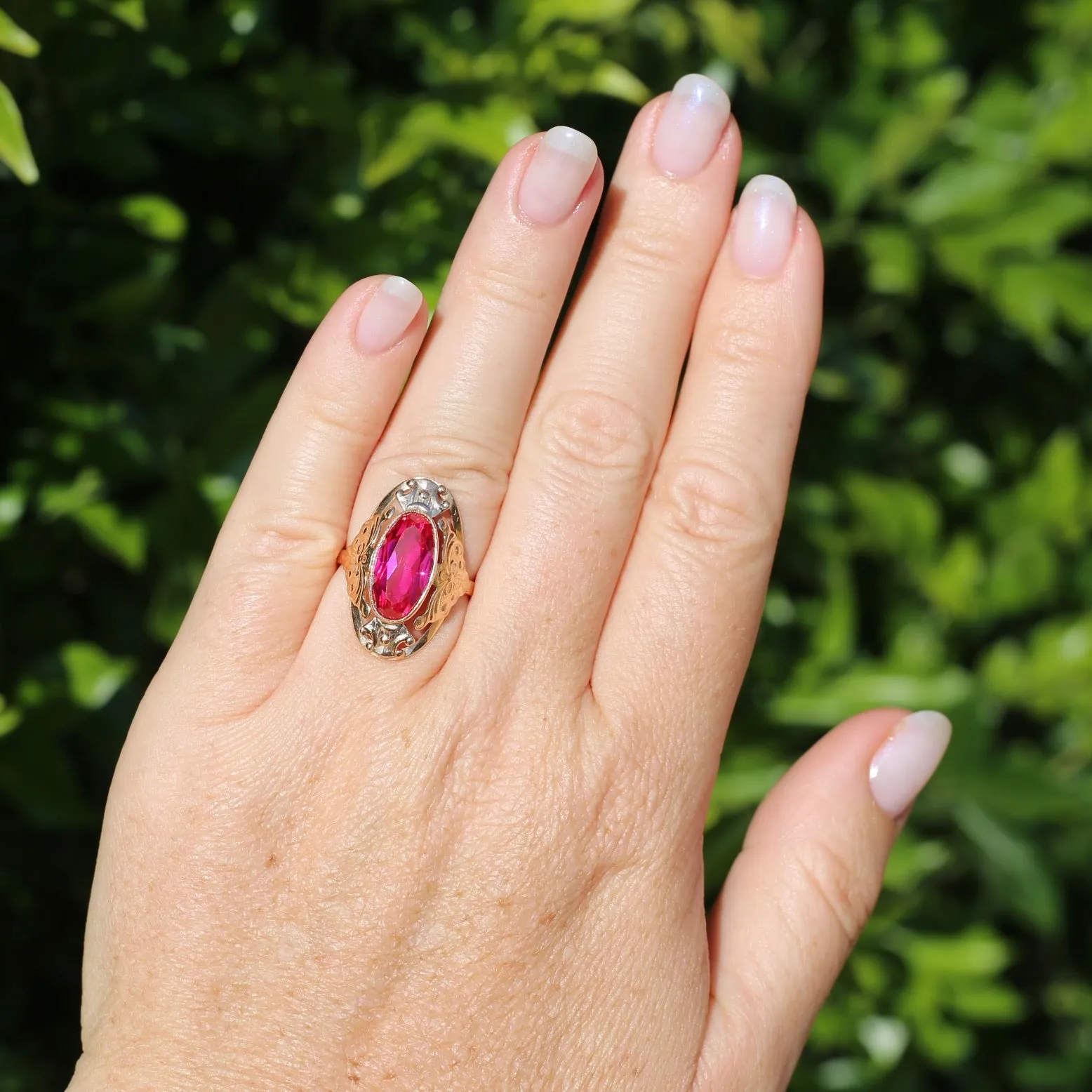 Mid Century Russian Oval Synthetic Ruby in Rosey Gold Floral Setting, 14ct Old Rosey Gold, size N1/2 or 7