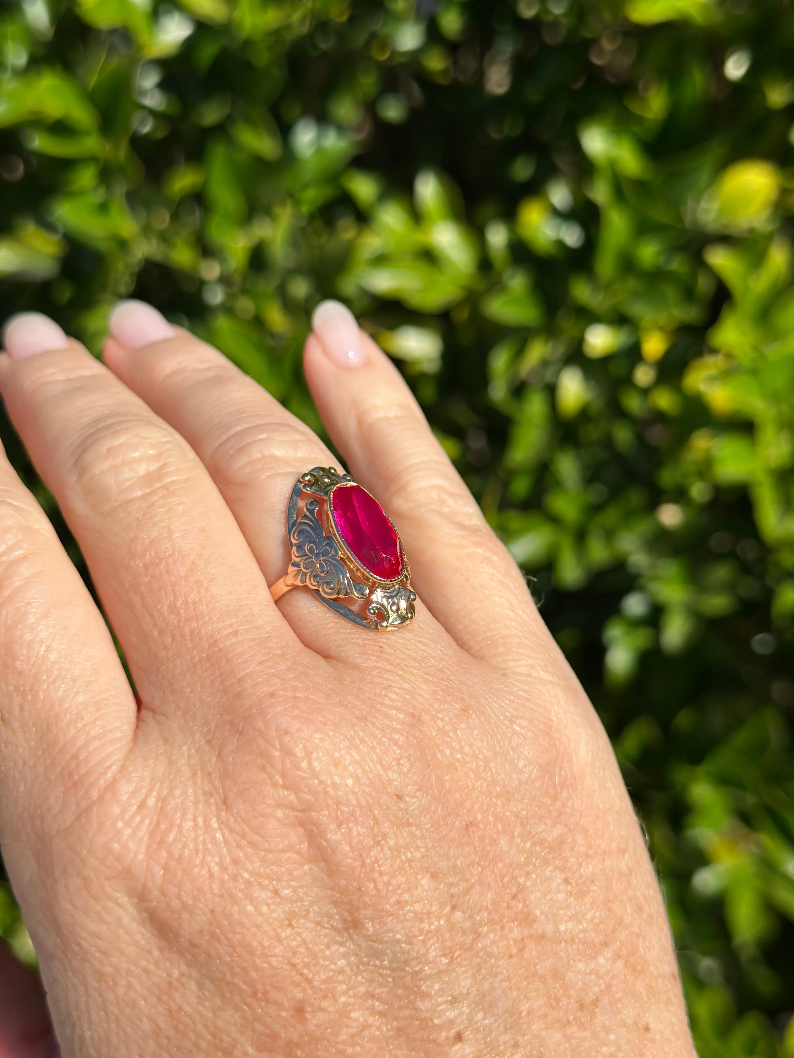 Mid Century Russian Oval Synthetic Ruby in Rosey Gold Floral Setting, 14ct Old Rosey Gold, size N1/2 or 7