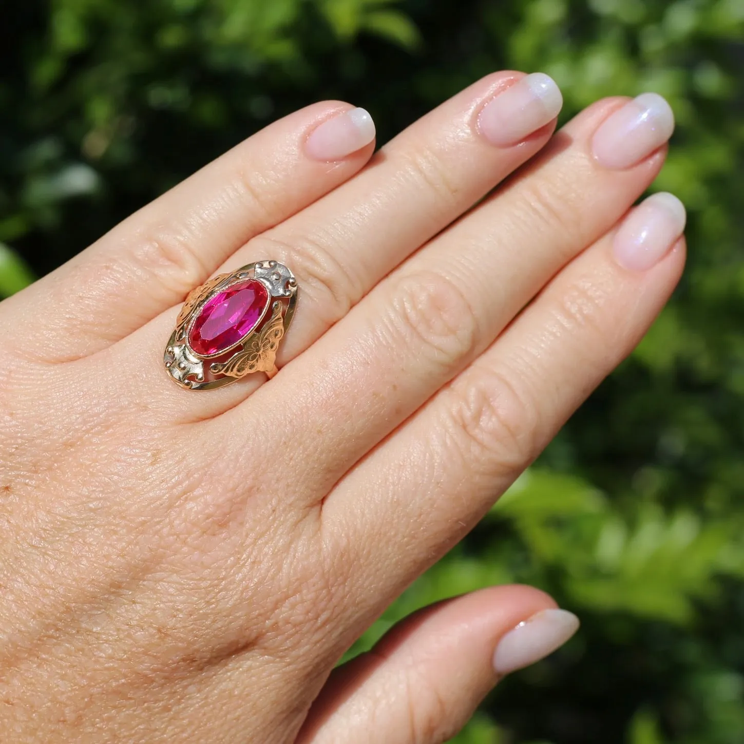 Mid Century Russian Oval Synthetic Ruby in Rosey Gold Floral Setting, 14ct Old Rosey Gold, size N1/2 or 7