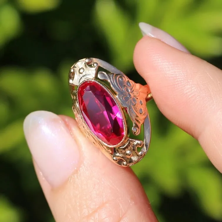 Mid Century Russian Oval Synthetic Ruby in Rosey Gold Floral Setting, 14ct Old Rosey Gold, size N1/2 or 7